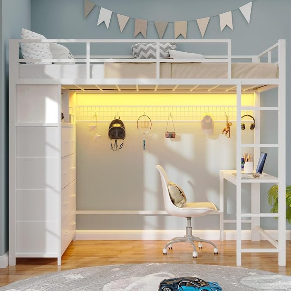 Twin Loft Bed with Desk & 8 Drawers Tall Dresser, Metal Loft Bed with LED Lights & Charging Station, 2-Tier Storage Shelves