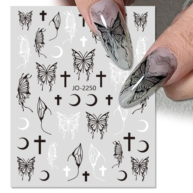 Silver Metal Butterfly 3D Nail Sticker Black White  Butterflies Star Adhesive Slider Wraps Manicure Gel Polish Decals