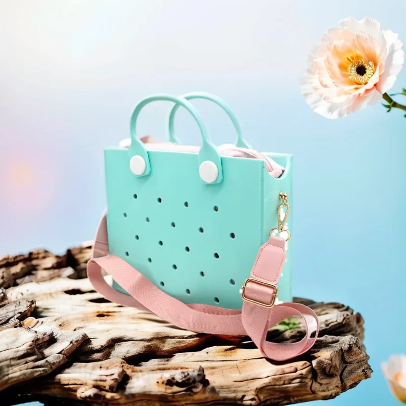 Sacola de borracha colorida para mulheres, bolsa de praia, bolsa de ombro, bolsas de compras, encantos, rosa, estilo verão, ajuste, moda
