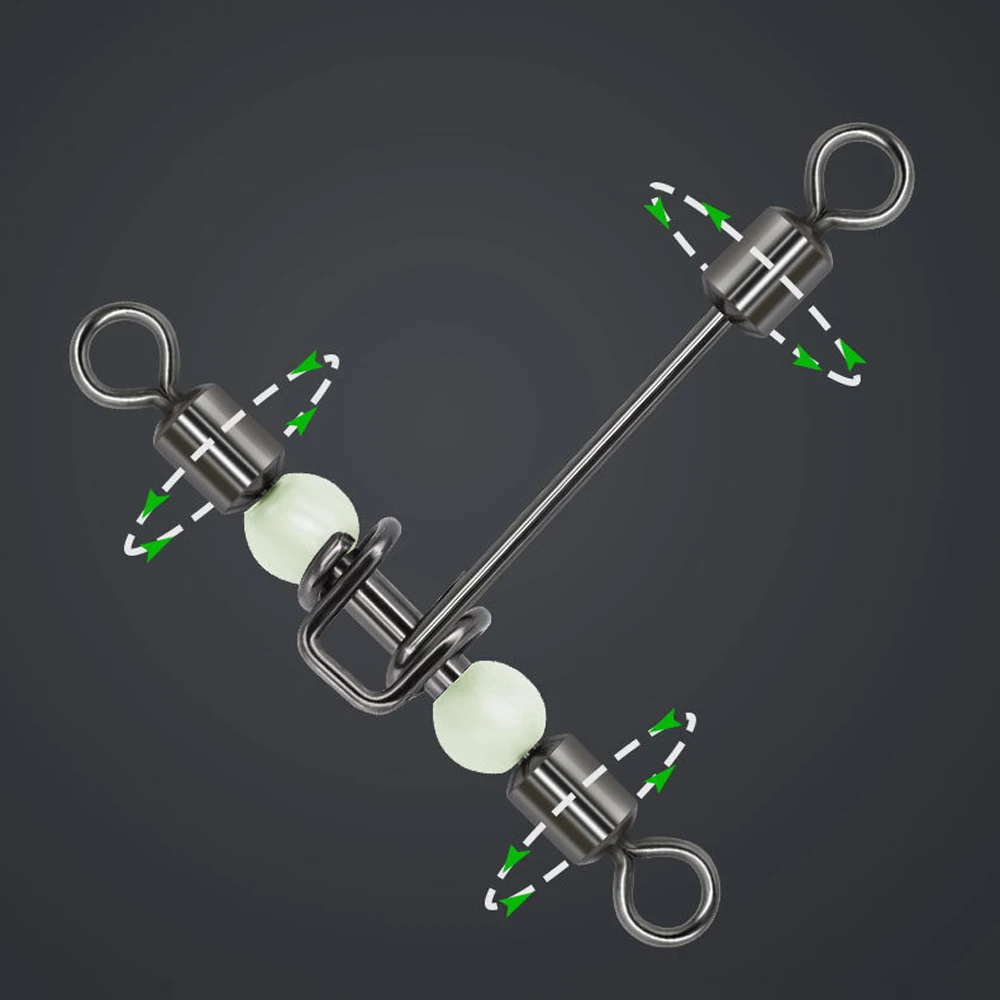 DNDYUJU 10 Uds. Giratorio rodante luminoso en forma de T de 3 vías con cuentas de perlas, giratorios de pesca, anzuelos, conector de pesca