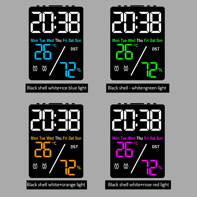 Multifunktionaler digitaler Wecker mit großem Bildschirm, Luftfeuchtigkeitsanzeige, Helligkeitsanpassung, Aufladen, Desktop-Uhr, Heimbüro-Dekoration