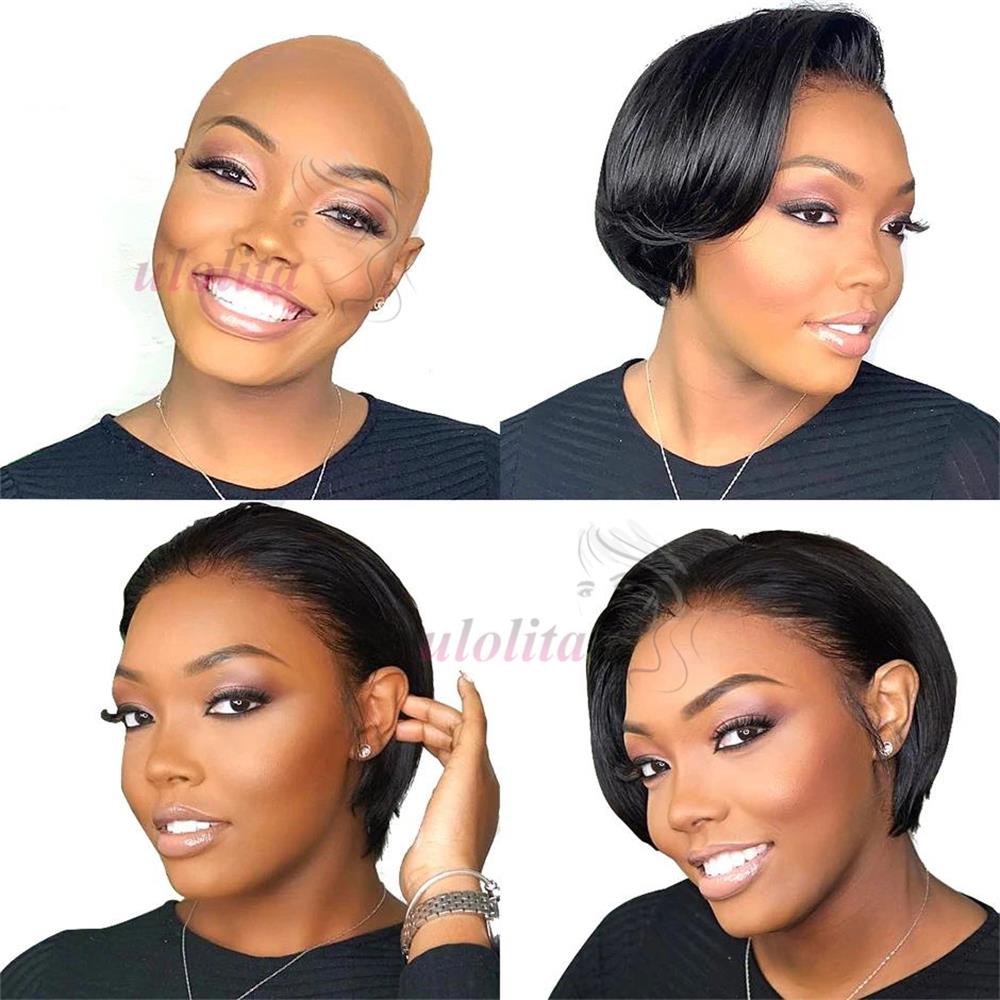 픽시 컷 13x4 투명 레이스 프론트 가발 여성용 짧은 밥 가발 브라질 스트레이트 hd 레이스 정면 인간의 머리 가발 200 밀도