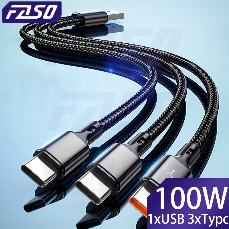 FASO 3 In 1 USB-A to 3 ×Type-C 100W 6A Fast Charging Data Cable For Samsung Galacy S24 Xiaomi Redmi Huawei USB C Data Transfer