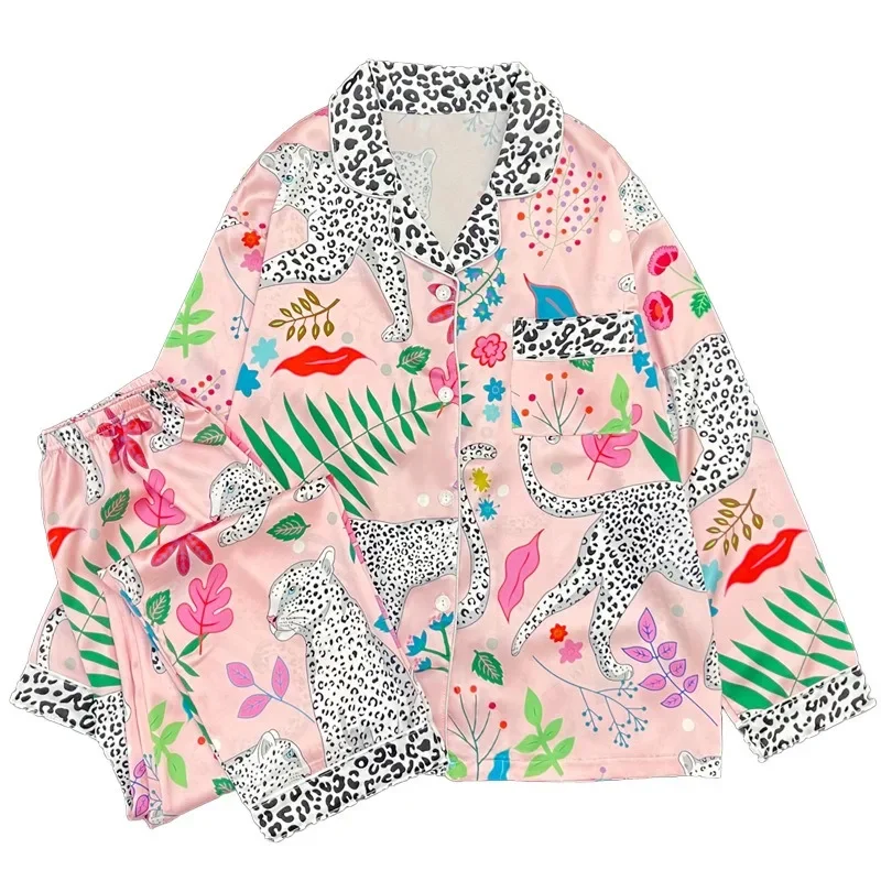 Ropa de dormir con estampado de leopardo y nieve, conjuntos de Pijama de primavera y otoño, pantalones largos de manga larga, Pijamas con solapa empalmada, ropa de dormir de seda satinada
