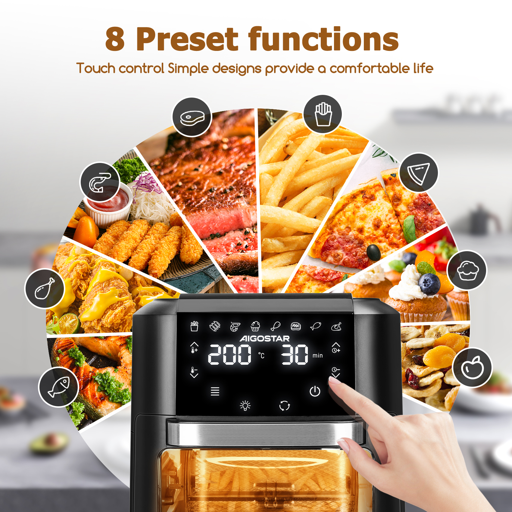 Freidora de Aire 12L Gran Capacidad, Horno de Aire Multifunción, Incluye 7 Accesorios, Apto para Lavavajillas, Pantalla LED Táctil, 8 Modos Predeterminados, Sistema Giratorio, Libre de BPA,1500W