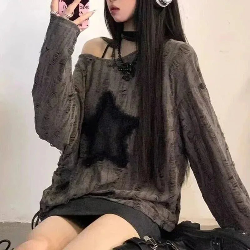 Y2K Gat Sterrenprint T-shirt Vrouwen Mode Streetwear Off Schouder Tops Zomer Oversized Kpop Lange Mouw Losse Tees Dames Nieuw