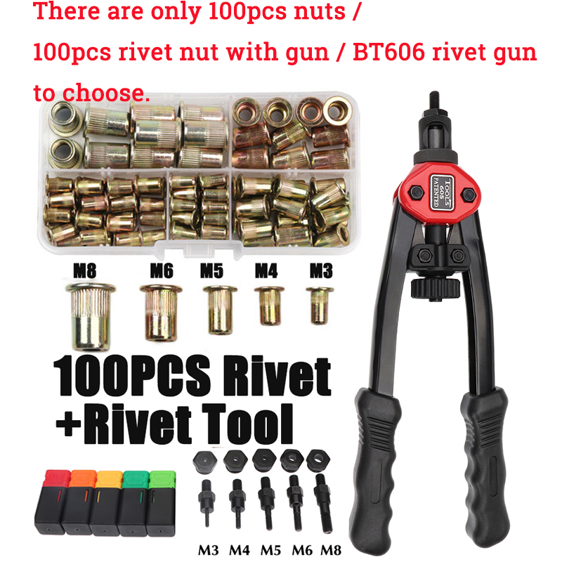 1 pçs/100 pçs porca de rebite mão rosqueada porcas arma bt606 m3 m4 m5 m6 m8 inserção dupla manual rebitador arma rebitagem rivnut ferramenta