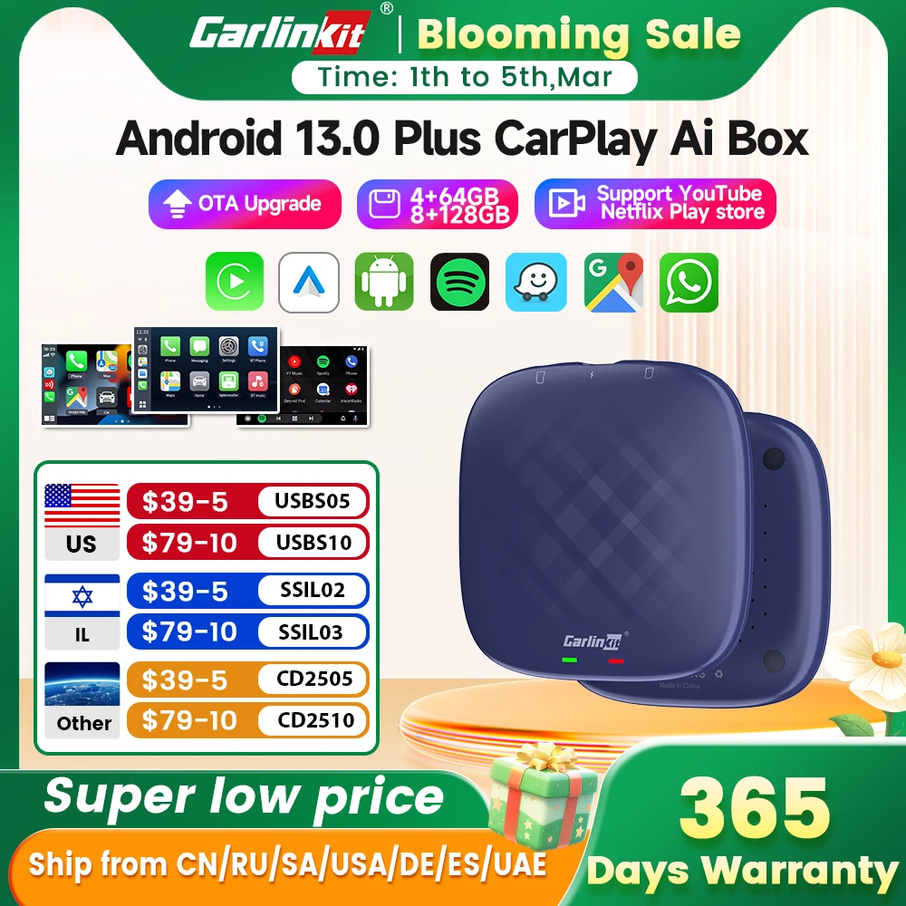 Carlinkit CarPlay Ai TV Box Plus Android13 8 + 128GB QCM 8-Core 665 6125 CarPlay inalámbrico Android Auto para Youtube Netflix 4G LTE