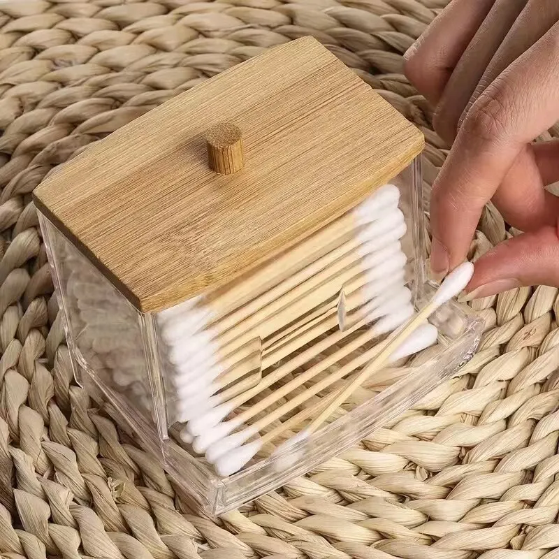Caixa de cotonete de algodão-capa de bambu transparente à prova de poeira cotonete caixa de armazenamento de palito de dente dispensador visível multiuso
