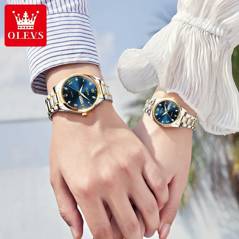 OLEVS-Reloj de acero inoxidable para hombre y mujer, cronógrafo de pulsera luminoso HD, resistente al agua, caja de regalo