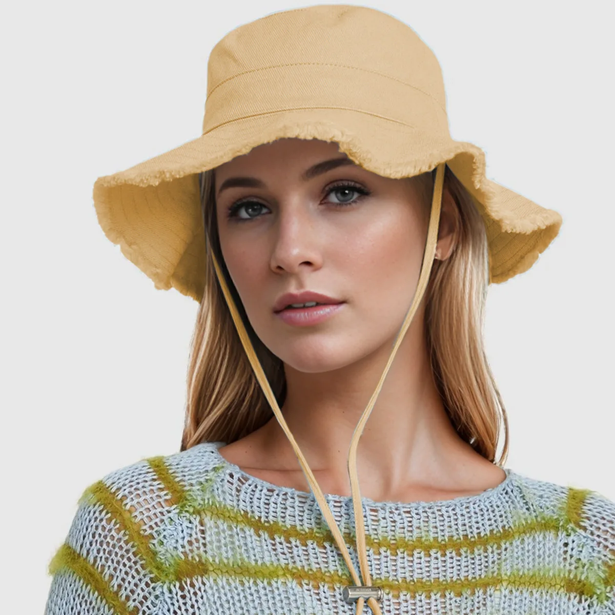 Sombrero de cubo con borde rasgado y cordón de mezclilla para mujer, sombrero para senderismo al aire libre resistente al sol, sombreros de viaje diarios ajustables y de moda