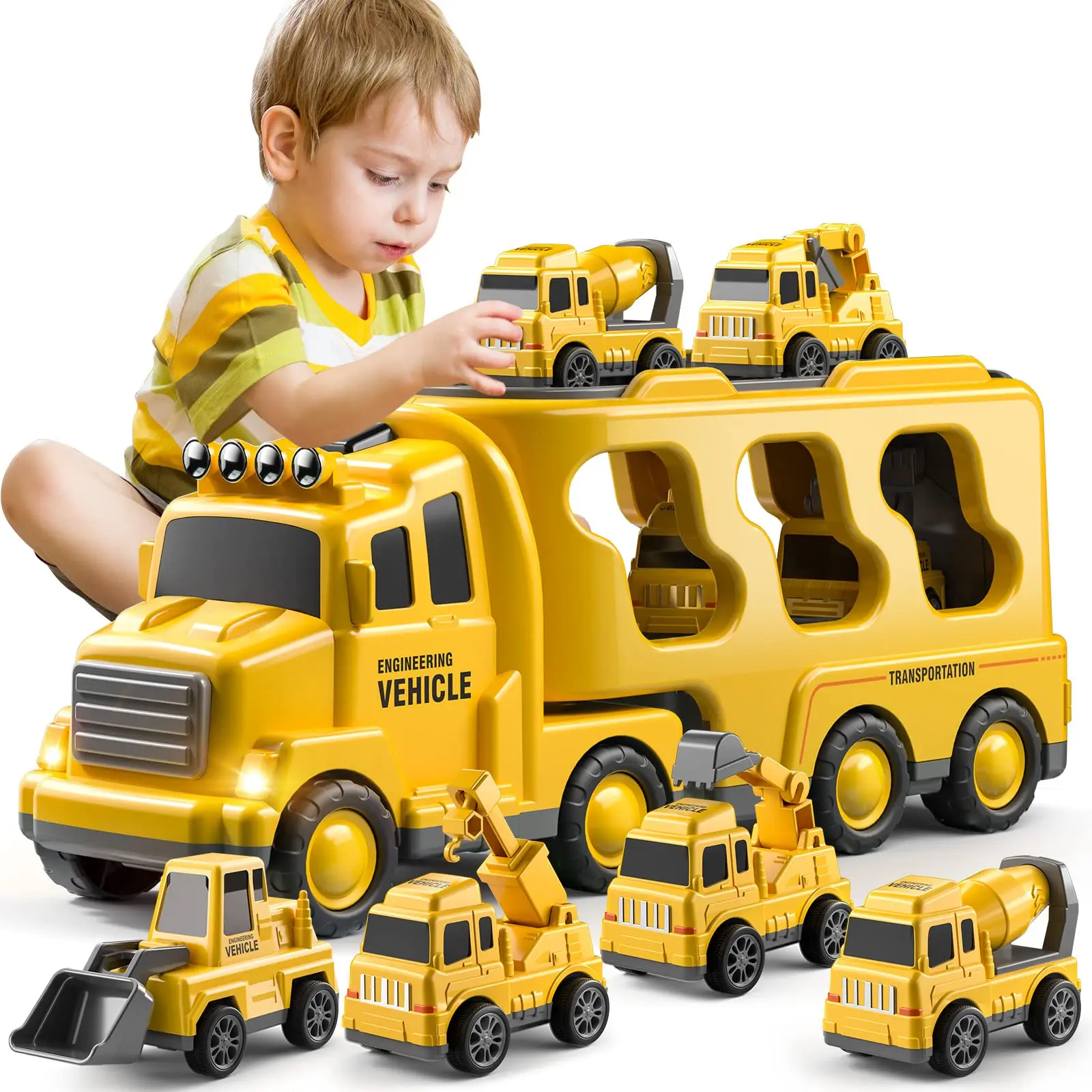 Camión portador fundido a presión, coches de juguete, vehículos de ingeniería, excavadora, camión Bulldozer, juegos de modelos, juguetes educativos para niños pequeños, regalo