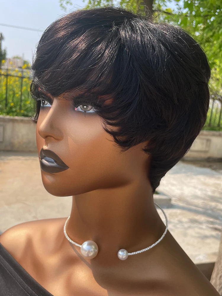 Perucas de Cabelo humano Curto Pixie Cut Peruca de Cabelo Humano Para As Mulheres Negras Máquina Feita Perucas Com Bangs Glueless Peruca Perruque Cheveux Humain