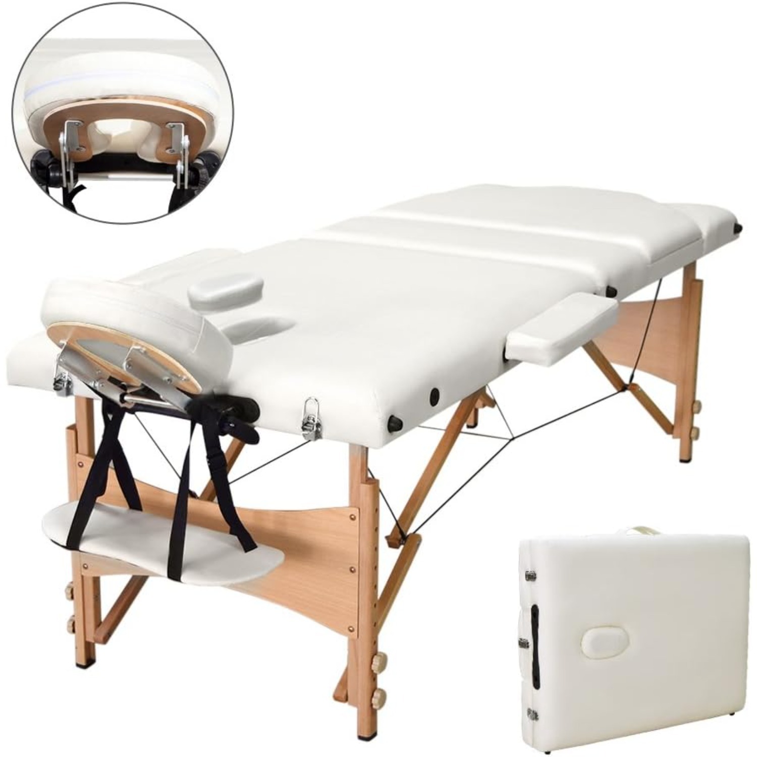 Portable Massage Bed Table - 3-Section Foldable Beauty Couch for Reiki Therapy Treatment Salon Healing - Metal Headrest Support