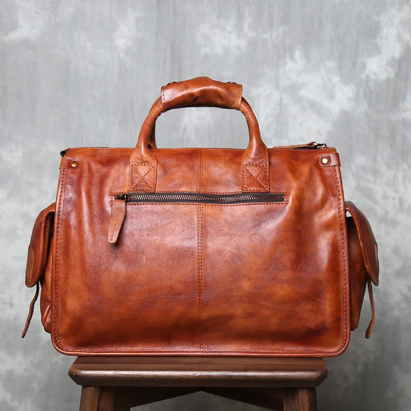 Valigetta in pelle di vacchetta con strato superiore Borsa a tracolla singola da uomo con tracolla Design orizzontale Borsa per computer conciata al vegetale a mano retrò