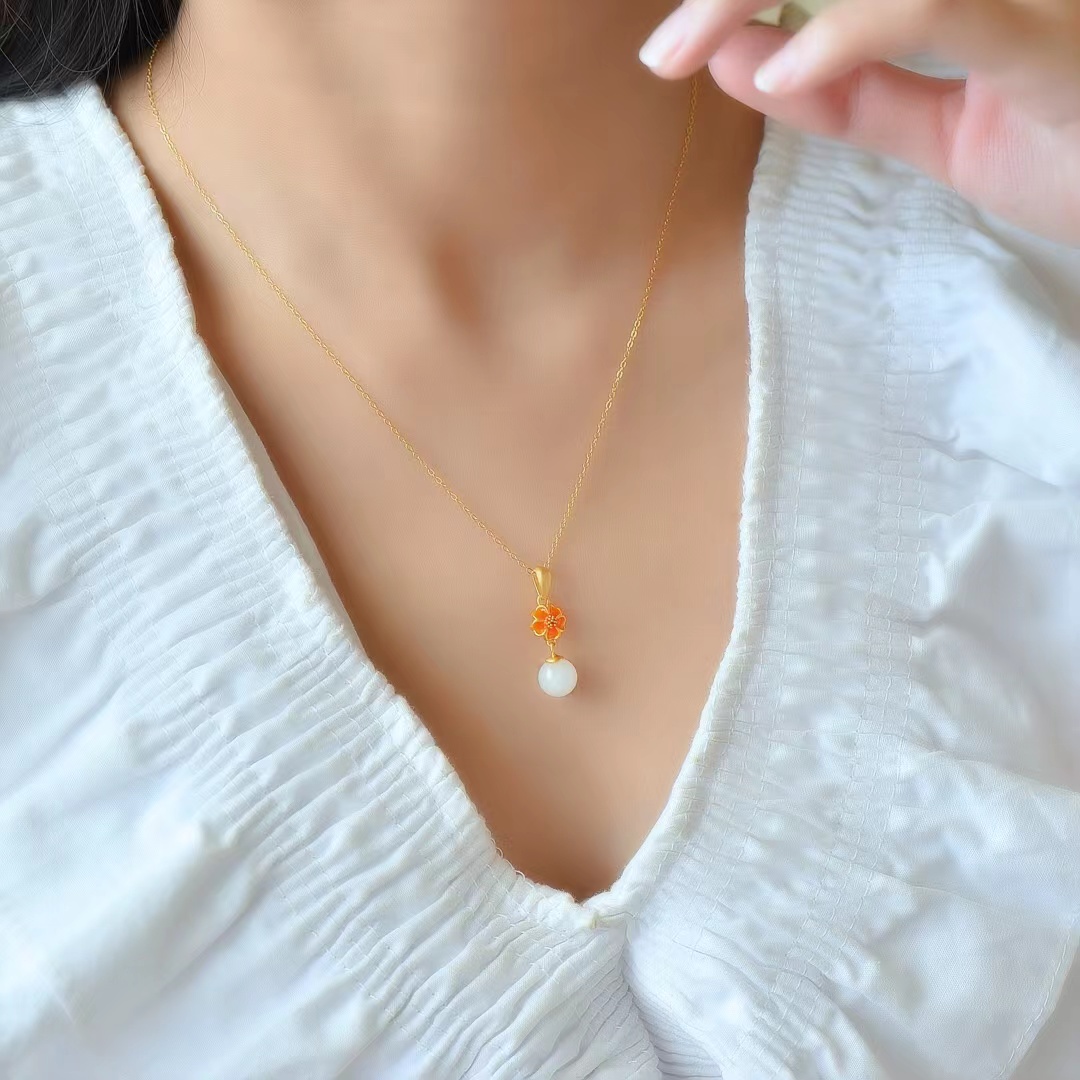 S925 Prata Incrustada Hetian Jade Esmalte Pingente para Mulheres, Colar de Pedra Natural, Cadeia Clavícula Elegante, Charme Jóias