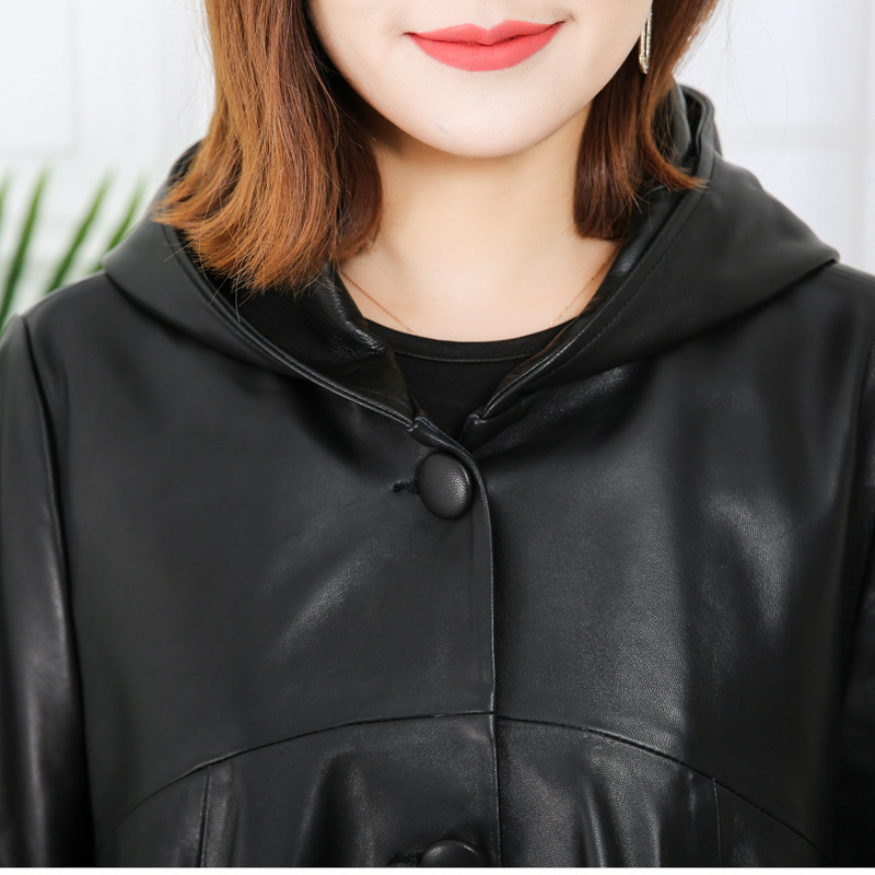 แจ็คเก็ตหนังแจ็คเก็ตหนังหนังแกะแท้มีฮู้ดสำหรับผู้หญิง Female2023เสื้อโค้ทโอเวอร์ไซส์สำหรับฤดูใบไม้ผลิฤดูใบไม้ร่วง