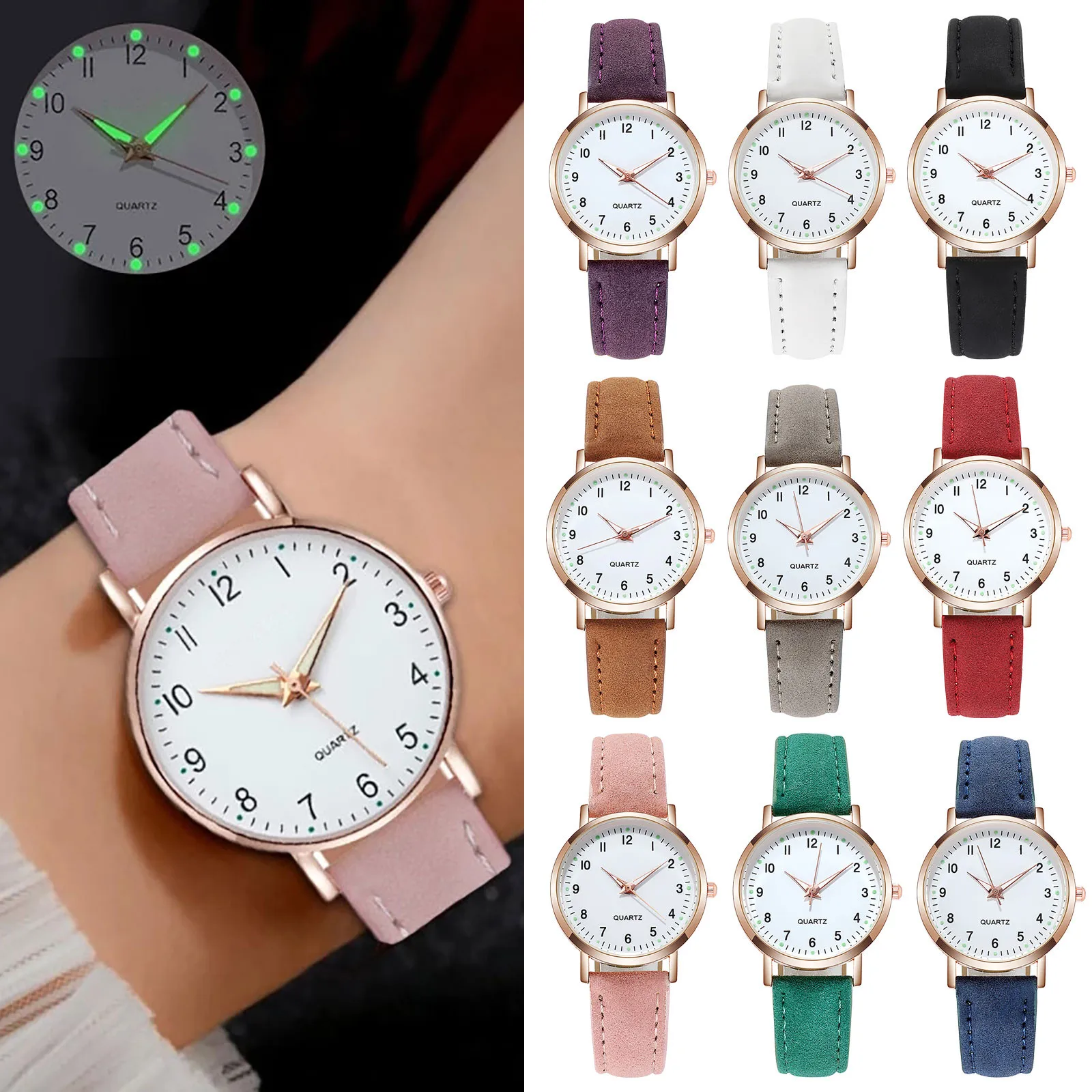 Reloj informal de cuero para mujer, pulsera de cristal de cuarzo analógico de lujo, 2023