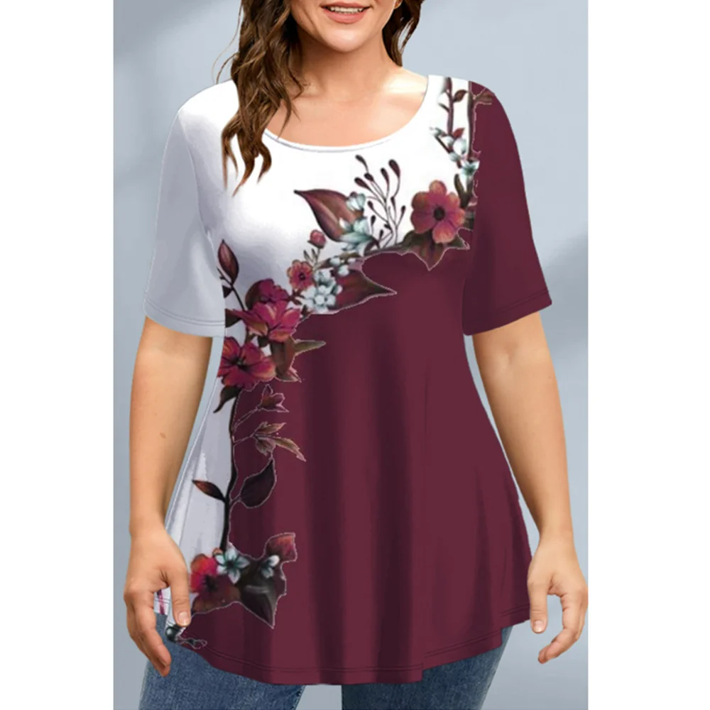 Nuevas camisetas para mujer, ropa de primavera, jerséis con estampado Floral y cuello redondo, camisetas de manga corta, ropa de calle, ropa de gran tamaño para mujer 2023