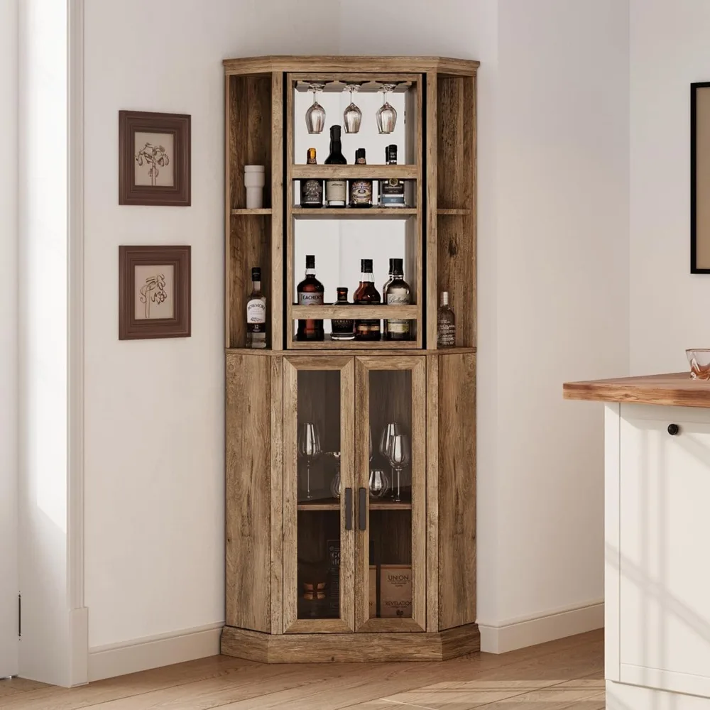 Corner Bar Cabinet, 68.5" Tall Farmhouse Wine Cabinet with Rotating Liquor Shelves, Home Bar Cabinet with Barn Door &Adjustable