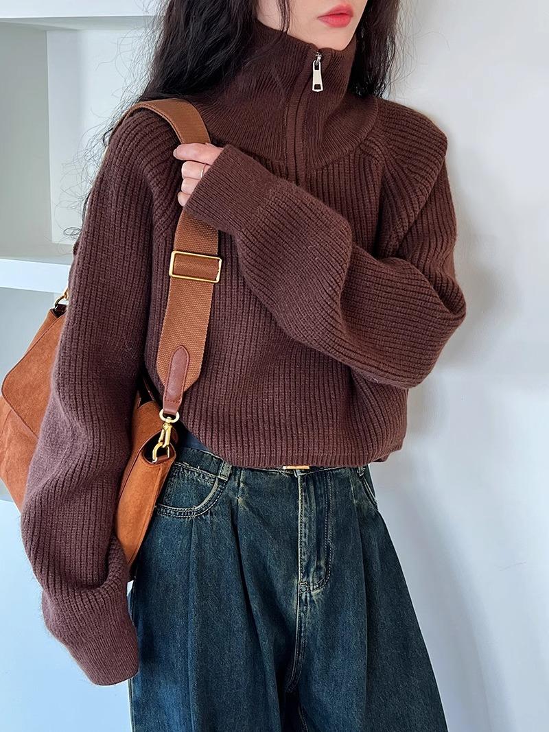 Red Knitted Sweater Women's High Waist Loose Fit Half High Collar Zipper Design Autumn Winter New Sle Commute Korean Version