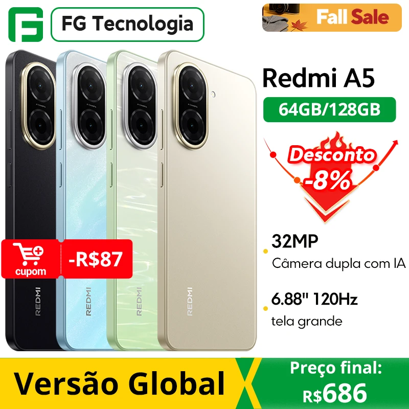 【Marca +】 Versão global Redmi A5 Unisoc T7250 Processador 32MP Câmera principal 6,88 "tela grande suporta carregamento rápido de 15W
