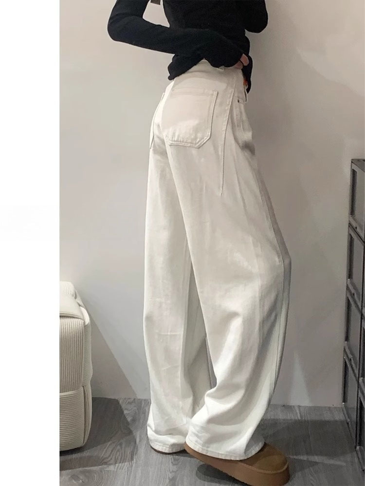 Calças Jeans Brancas de Cintura Alta com Pernas Largas para Mulheres, Estilo Casual, Novo Estilo de Outono