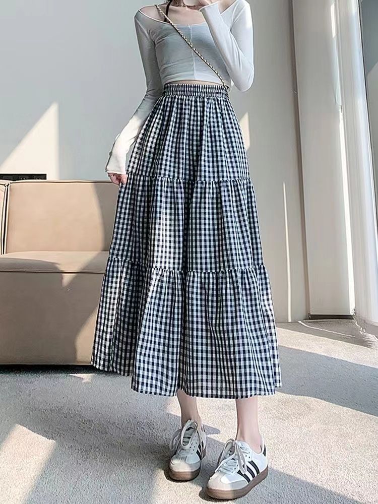 Patchwork Tiered Skirt Women 2025 Summer Vintage Checkered High Waisted Elastic Waist Slimming Midi Skir