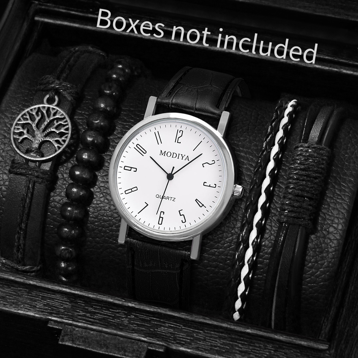 5ชิ้นนาฬิกาควอทซ์นักธุรกิจผู้ชายลำลองชุดสายข้อมือหนัง PU ต้นไม้รอบ (ไม่มีกล่อง)