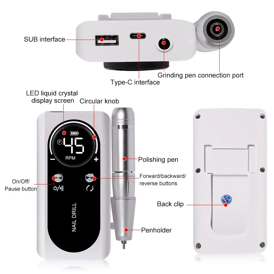 Lima de uñas eléctrica profesional de 45000RPM, taladro eléctrico recargable para uñas, lima lijadora de uñas de poco ruido para herramienta de salón de manicura
