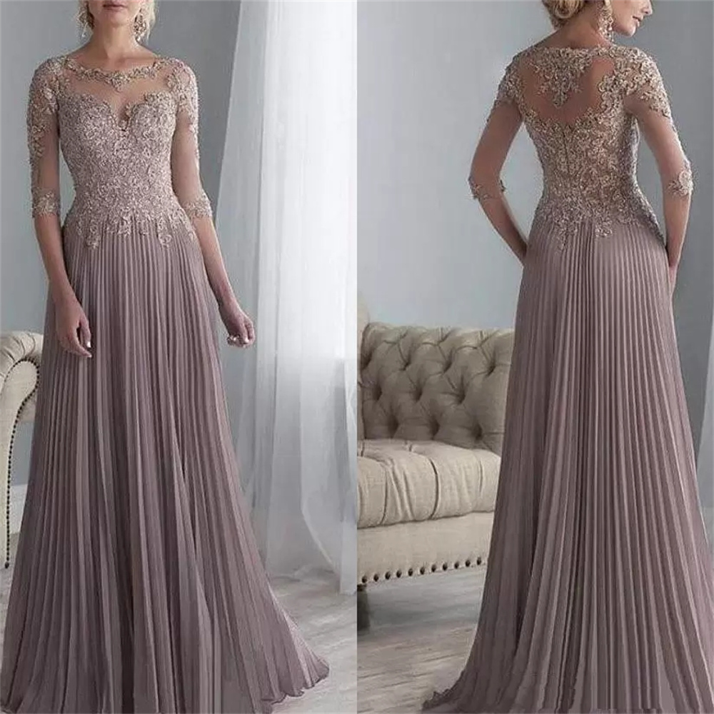 Robe mère du marié en mousseline De soie plissée et dentelle, ligne A, avec manches 1/2, longue robe De mariée, 2023
