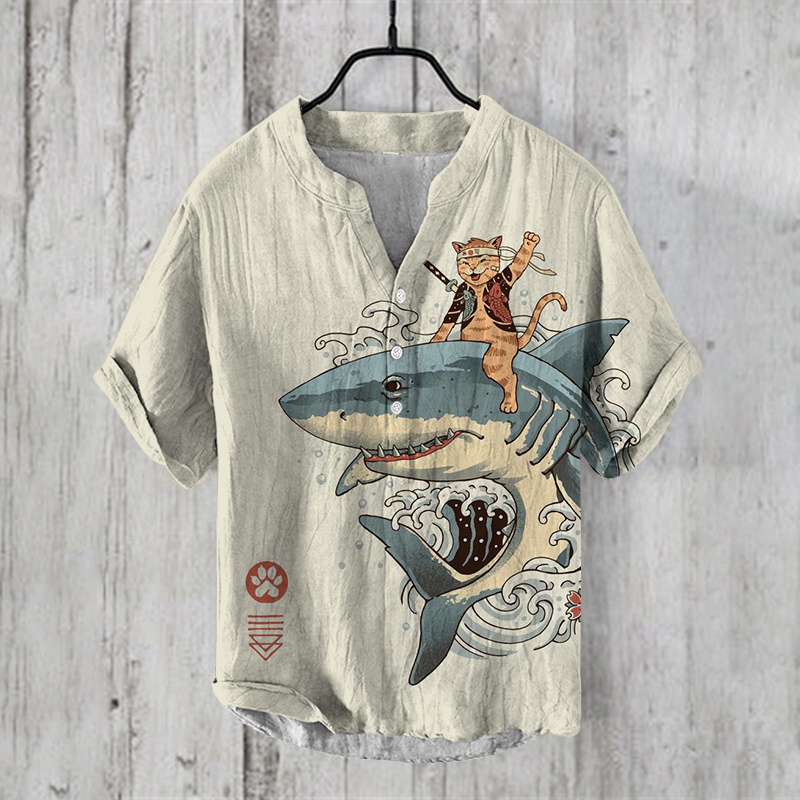 Henry, moda informal para hombre, tops para la playa al aire libre, camisa de lino con cuello en V, novedad de 2024, talla grande