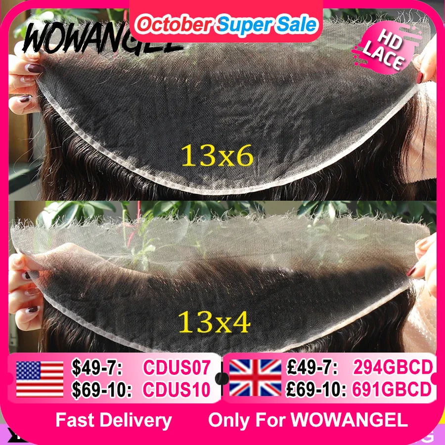 Wow anjo onda do corpo 13x 4/13x6 hd renda frontal completa cabelo humano derreter peles invisível hd tranparent renda frontal apenas cabelo virgem