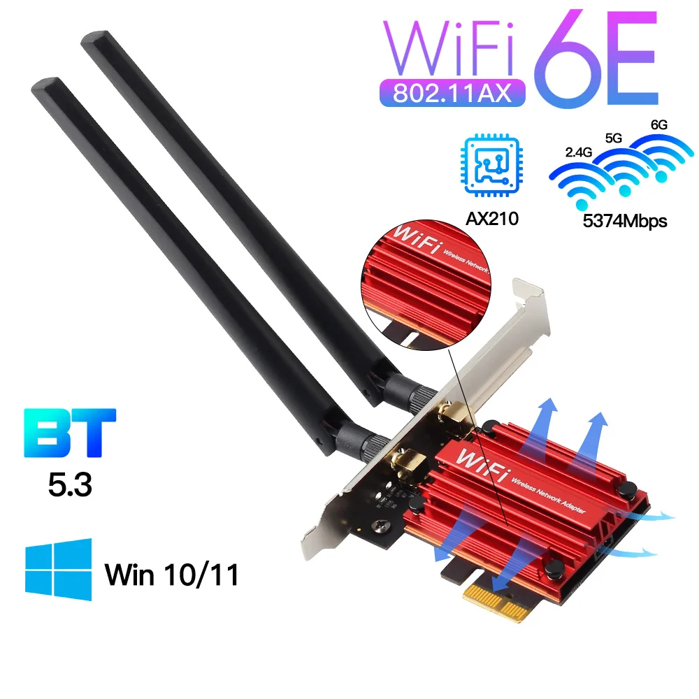 Adaptador wi-fi 6e 5400mbps pcie wifi ax210 placa de rede sem fio ax3000 bt5.3 2.4/5/6ghz 5374mbps MU-MIMO 802.11ax para win 10/11