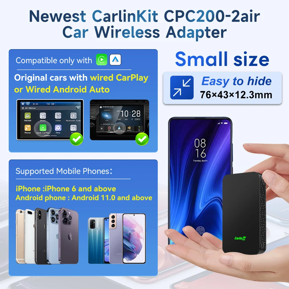 2air Mini5 Pro carlinkit 5.0 sem fio carplay sem fio android caixa automática 2.4g & 5.8 ghz wi-fi bt conectar plug & play atualização online para carros com fio android auto carplay  CarlinKit 4.0
