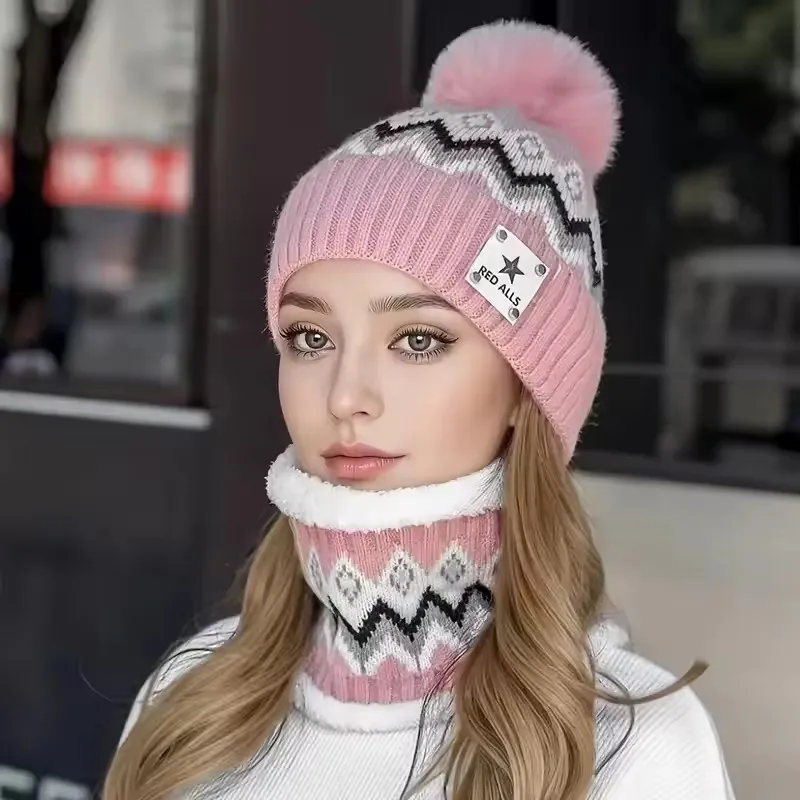 Set da 2 pezzi scaldacollo e cappello foderato in pile combinato per ciclismo all'aperto autunno/inverno, berretto spesso lavorato a maglia