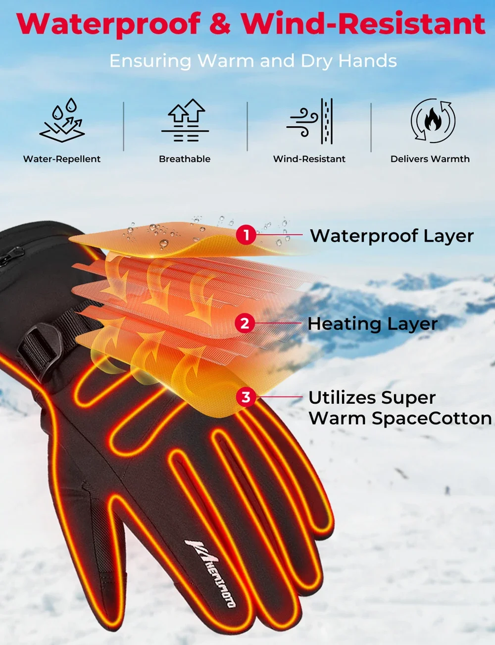 KEMIMOTO Elektrisch beheizte Handschuhe, Skifahren, Winter, Schneehandschuhe, Touchscreen, winddicht, warm, wiederaufladbar, Jagd, Angeln, Herren