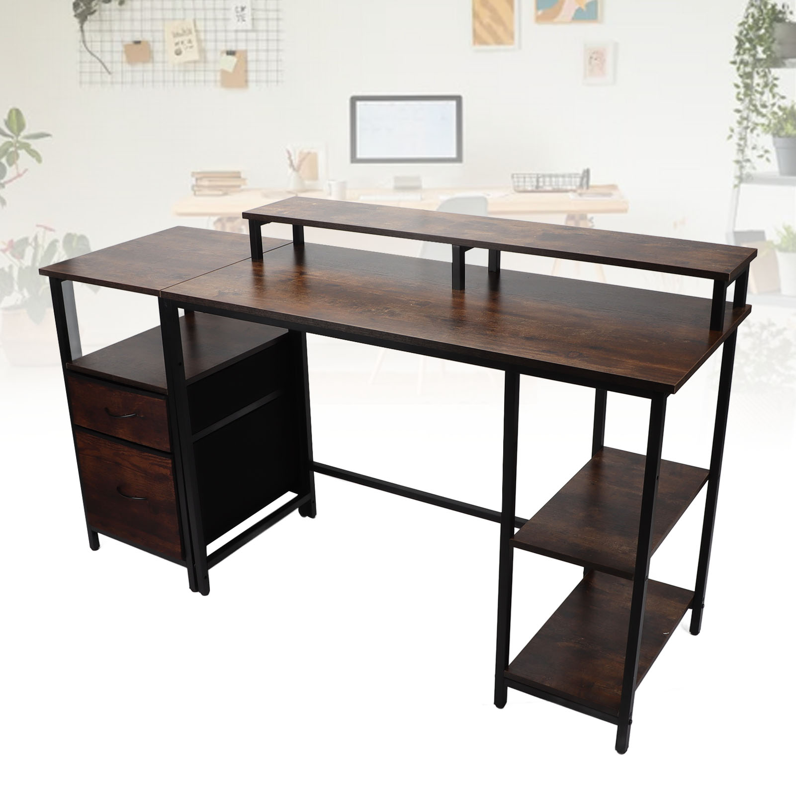 Mesa de computador para escritório doméstico Mesa de computador industrial Mesa de computador vintage com prateleira elevada para escritório doméstico