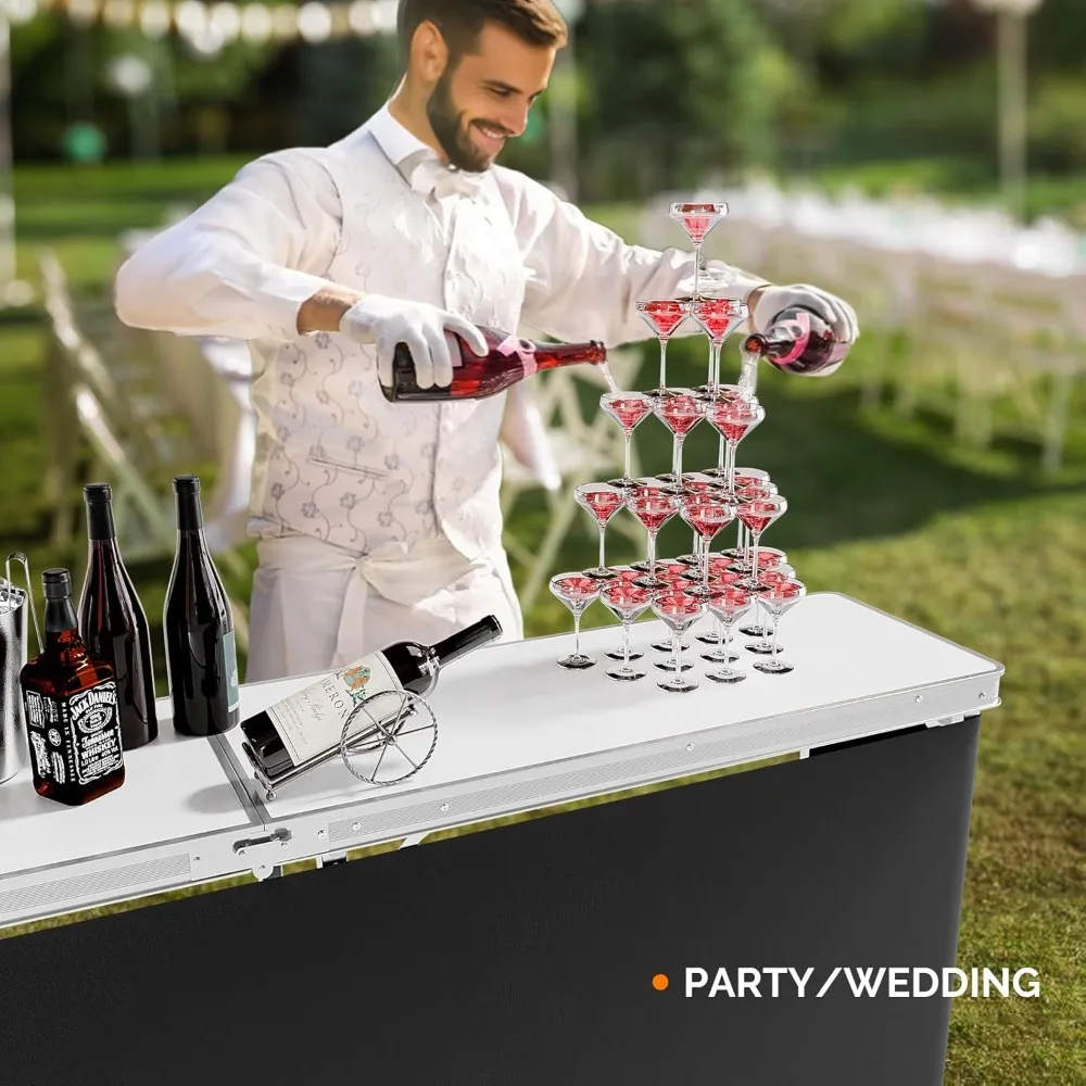 78" Portable Bar Table, 2-Tier Shelves, Mobile Bar Table for Events, Party, Camping, Picnic, Tradeshow, Indoor with Black Skirt