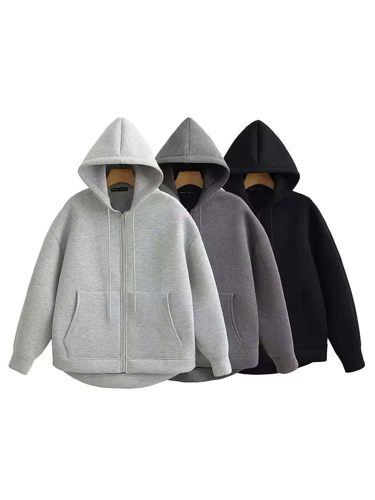 HH Herbst Frauen Grau Jacke Mit Kapuze Langarm Große Tasche Zipper Jacke Mantel Frau Lose Beiläufige Oberbekleidung Mantel Tops