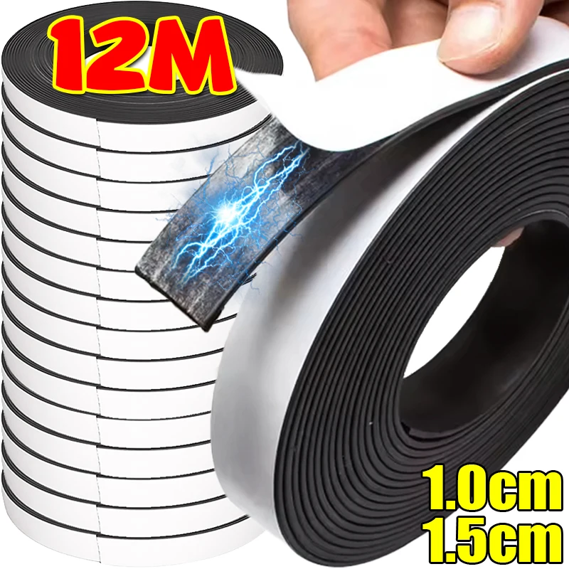 Tiras magnéticas autoadhesivas de 12/1M, cinta magnética fuerte, tira magnética Flexible para nevera, póster de fotos DIY, imanes de goma para oficina