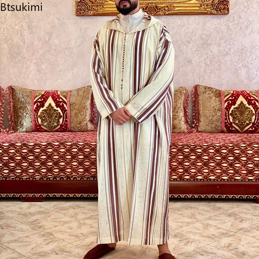 Eid muçulmano masculino jubba thobe simples casual listrado abayas com capuz longo robes roupas islâmicas dubai caftan marrocos jalabiya ramadan