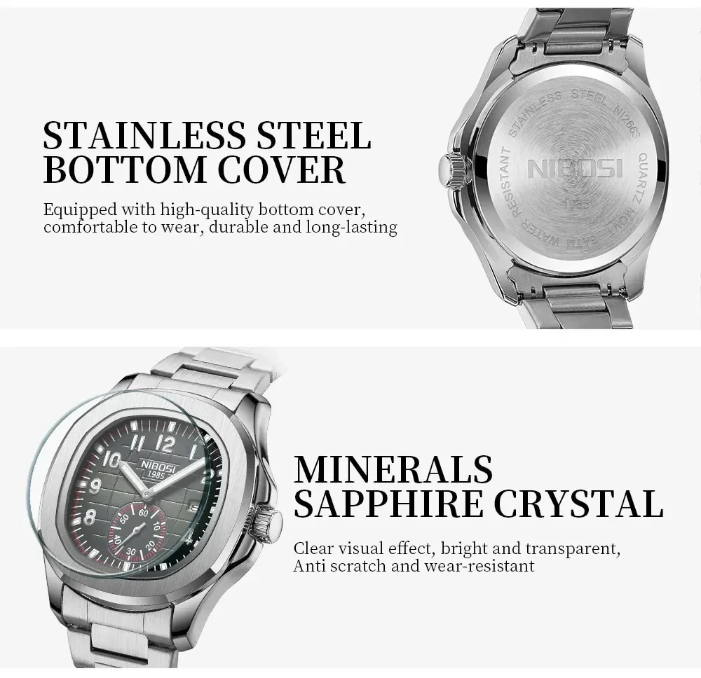 Reloj de pulsera NIBOSI de lujo para hombre, reloj cronógrafo luminoso resistente al agua para hombre, relojes cuadrados de cuarzo de silicona, reloj Masculino