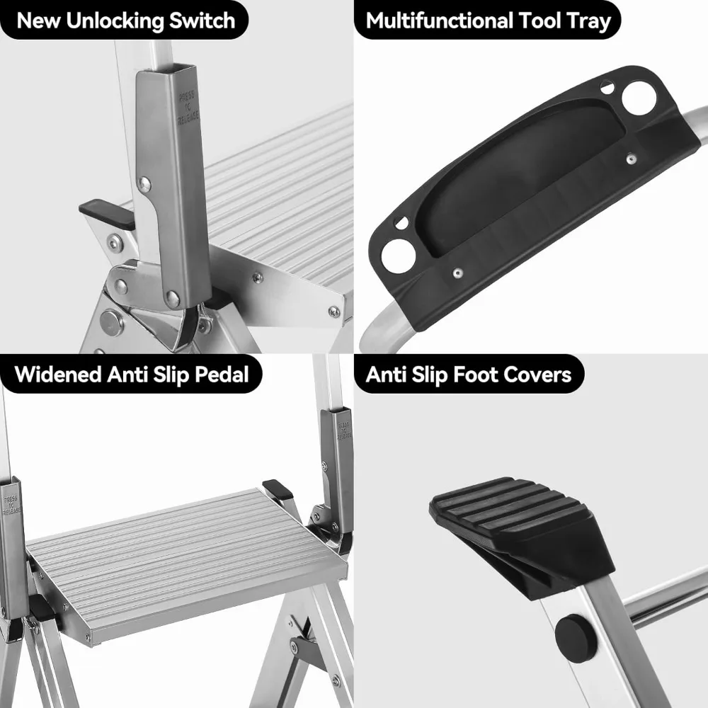 Step Ladder Pro with Tool Platform, Aluminum Folding 3 Step Stool with Non-Slip Wide Pedal, Rubber Feet, Lightweight Multi-