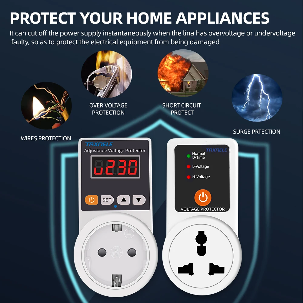 Enchufe Protector de voltaje CA 220V ajustable y fijo 16A enchufe Protector de voltaje refrigerador de seguridad de voltaje