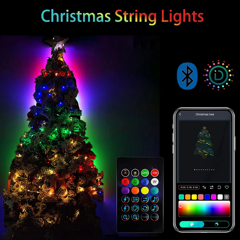 Tira de luces LED decorativa navideña para exteriores con RGB IC IDeal Bluetooth APP Control WS2812B LED cadena de luces de cuento de hadas