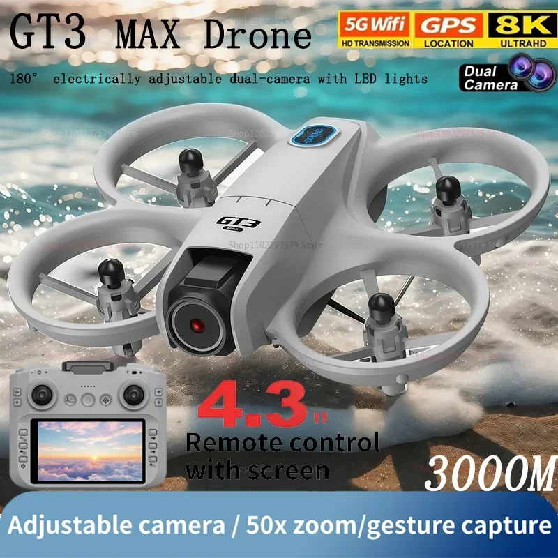 GT3 Drone 8K HD Câmeras Duplas 180 °   5G WIFI GPS Brushless Motor FPV Evitar Obstáculos Quadricóptero Dobrável com Brinquedo de Controle Remoto