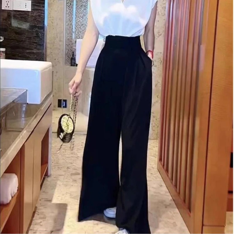 Casual Breite Bein Hosen Frauen Hohe Taille Lose Feste Gefaltete Mode Alle-spiel Elegante Büro Dame Schlanke Einfache koreanischen Stil
