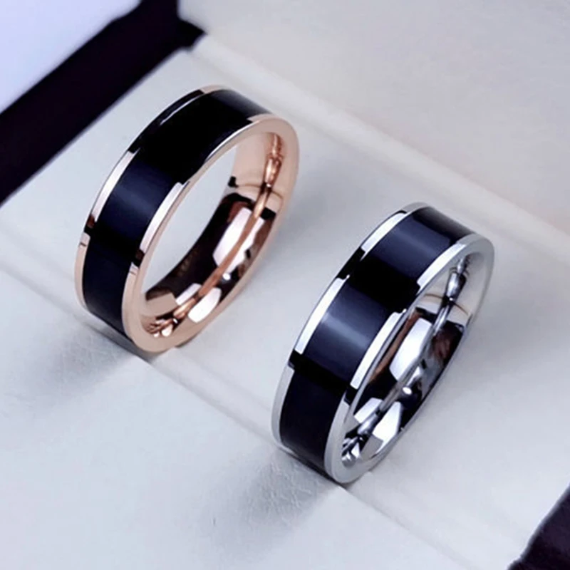 Anillo con dije de esmalte blanco y negro para mujer y hombre, Color oro rosa, 6mm, regalo de joyería de boda, acero inoxidable 316L que nunca se decolora