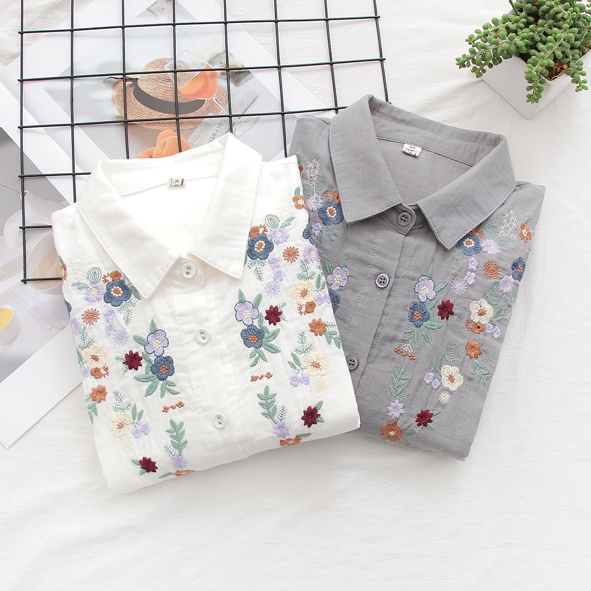 春ダブル綿 100% 糸シャツ女性ターンダウン襟ルーズトップスガール長袖刺繍ブラウス 2024 秋 T42909QM